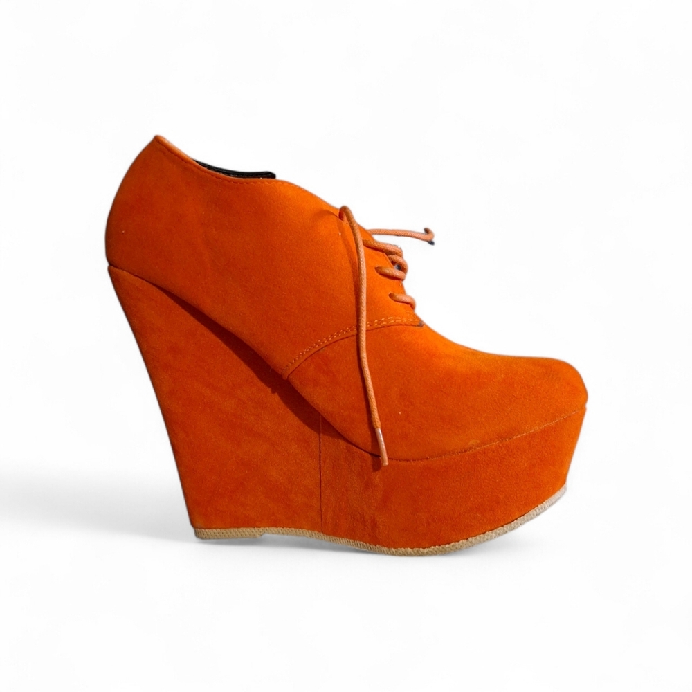Rare Vintage Orange Lace Up Vegan Suede Wedge Heel Bootie by Delicacy